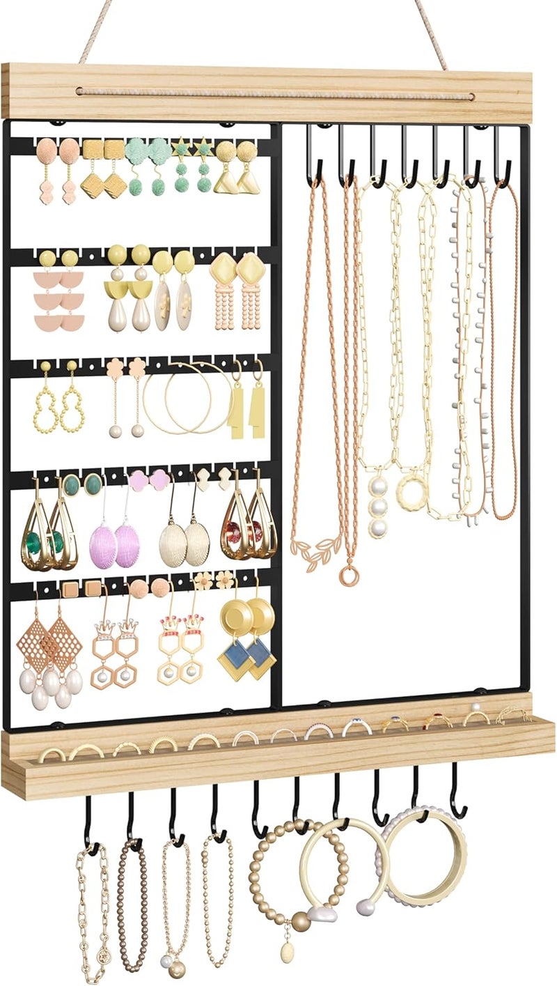 Feyejade Hanging Jewelry Organizer, 5-Tier Wall Earring Holder with Wooden Ring Groove, Jewelry Rack Wall Mounted for Earrings, Necklaces, Bracelets and Rings, Jewelry Holder Stand, Black - Image 1